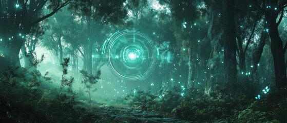 Poster - A mystical forest scene with glowing elements and a central light source.