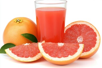 Wall Mural - Fresh grapefruit juice sliced citrus fruit on white background