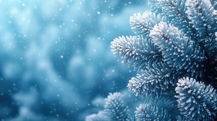 Wall Mural - enchanted winter forest scene with frostcovered fir branches misty atmosphere and cool blue tones create serene magical christmas ambiance without ornaments