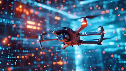 Drone flying against bokeh lights background.