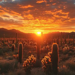 Canvas Print - Desert Sunset with Saguaro Cacti