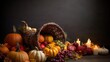 © Ingenious Buddy  - Beautiful autumn themed cornucopia overflowing with pumpkins and other fall fruits on the table, thanksgiving cornucopia, fall harvest display, autumn fruits