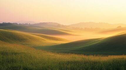 Wall Mural - Sunrise over a misty field with rolling hills.