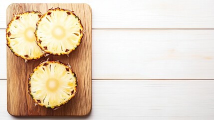 Wall Mural - Fresh pineapple slices on wooden cutting board top view