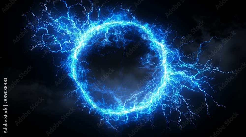 Blue thunder bolt light and electric energy discharge in form of circle ...