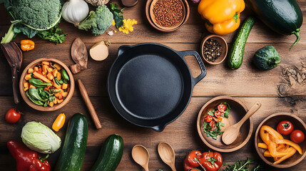 Various organic vegetables ingredients and empty iron cooking pot, wooden bowls, spoons on wooden background. Top view, copy space. Organic vegetables ingredients for vegan cooking. Clean eating food