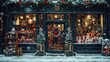 © spyrakot - Snow-Covered Christmas Storefront with Gifts and Festive Decorations for Holiday Season