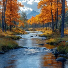 Canvas Print - Autumn Creek with Mountain View