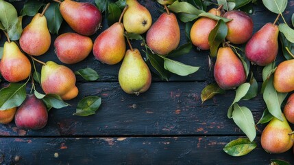 Wall Mural - Fresh pears with leaves on rustic wooden background