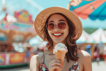 An attractive young girl eating ice cream enjoys summertime in the amusement park