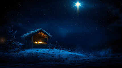 Wall Mural - nativity scene. christian christmas concept. birth of jesus christ. wooden manger in dark blue night