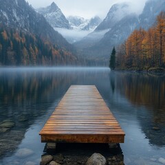 Canvas Print - Misty Mountain Lake with Wooden Dock