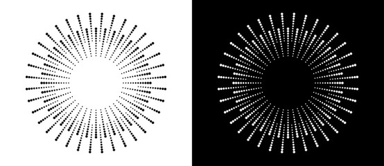 Leinwandbilder - Art sun background. Icon template or logo with halftone dotted lines. Black shape on a white background and the same white shape on the black side.