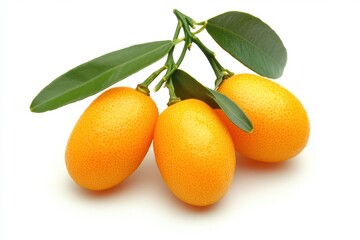 Wall Mural - Fresh kumquats with vibrant green leaves on white background