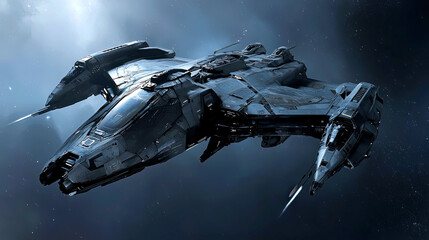 Wall Mural - Futuristic sci-fi spaceship on patrol in interstellar space, advanced sleek starship technology exploring the universe, alien spacecraft design