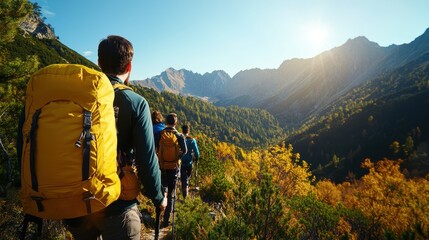 Hikers on a trail in a mountain landscape