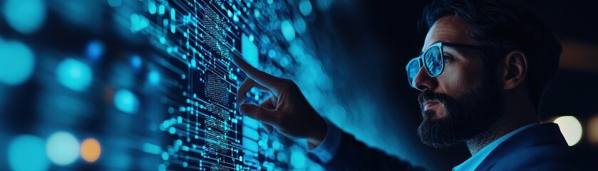 Fototapete - Man interacting with digital data display