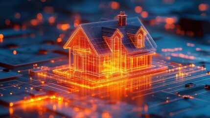 Wall Mural - ethereal miniature house floating above architectural blueprints surrounded by glowing geometric sha