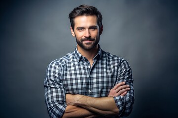 Wall Mural - Posing, arms crossed. Man is against background in the studio