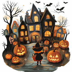 A whimsical Halloween night scene featuring a child in a pumpkin costume, surrounded by glowing jack-o'-lanterns and spooky houses, setting a playful yet eerie atmosphere of delight.