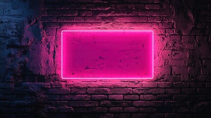 The night is aglow with a pink neon rectangle light positioned on a textured brick wall