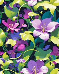 Poster - Modern green vines and violet blooms seamless pattern design wallpaper