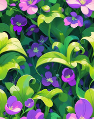 Wall Mural - Modern green vines and violet blooms seamless pattern design wallpaper