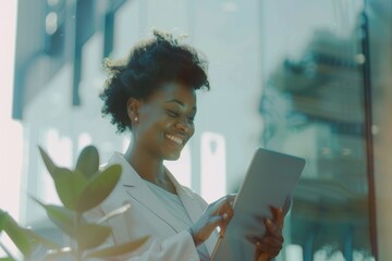 A cheerful woman in business attire holds a tablet and smiles while standing near a window with natural light.