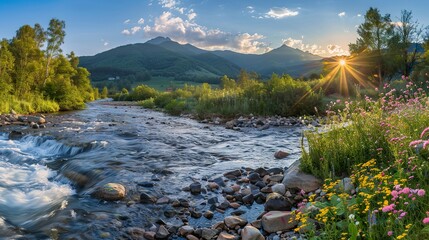 Wall Mural - _Sunrise_Flowers_Mountain_landscape_river_Colourb