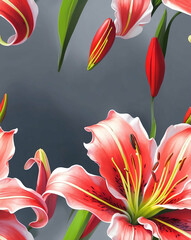 Sticker - Red and white lilies on gray seamless wallpaper design pattern