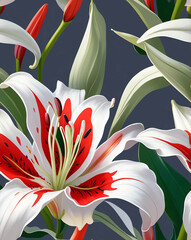 Poster - Red and white lilies on gray seamless wallpaper design pattern