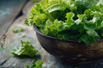 Crisp, fresh leafy greens in a rustic bowl, placed on a weathered wooden surface, highlighting their natural simplicity and wholesomeness.