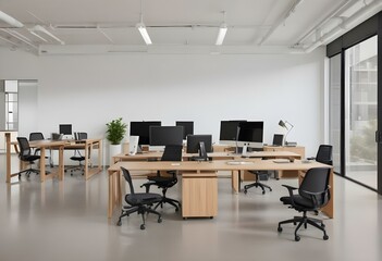 An office workspace with wooden desks, black office chairs, and a large window in the background