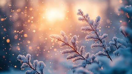 Wall Mural - ethereal winter wonderland snowy forest with crystalline branches soft pastel sky delicate snowflakes dancing in gentle breeze dreamlike atmosphere