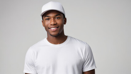 Wall Mural - Young black man wearing white t-shirt and white baseball cap isolated on grey background