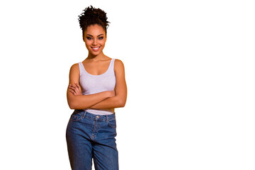 Close up photo cute beautiful amazing she her dark skin lady arms crossed successful professional summer vacation weekend toothy wear casual jeans denim tank-top isolated vivid yellow background