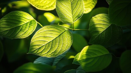 Close-up of vibrant green leaves illuminated by sunlight, showcasing their texture and veins.