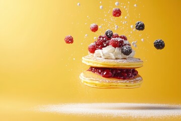 Wall Mural - A stack of pancakes topped with berries and cream, suspended against a bright background.