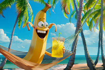 Cute cartoon banana in a hammock under palm trees on a tropical island.