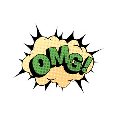 Aufkleber - OMG expression of surprise and unexpected event, colored sound effect for comic book. Vector emotion for drawing or personage, oh my god phrase with exclamation in cloud or thought bubble