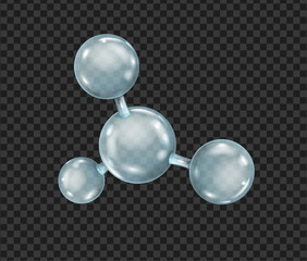 Glass molecule or atoms biochemical, pharmaceutical, beauty and medical field. Vector isolated clear formula with glossy surface. Abstract molecular structure for scientific and cosmetic products