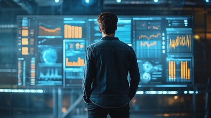 Man Standing In Front of Large Data Screen with Charts and Graphs