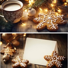 Pictures show Christmas festival.Cards and gingerbread lights in t the picture,.The Christmas cards have beautiful designs greetings,adding a festive glow.They create a cozy Christmas atmosphere.