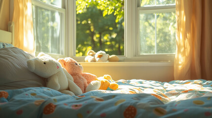 A twin bed in a childâ€™s room with bright, fun bedding and stuffed animals, with sunlight pouring through the window onto the soft comforter. -