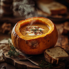 pumpkin soup served in a roasted pumpkin with bread