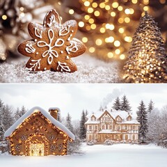 Pictures show Christmas festival.Cards and gingerbread lights in t the picture,.The Christmas cards have beautiful designs greetings,adding a festive glow.They create a cozy Christmas atmosphere.