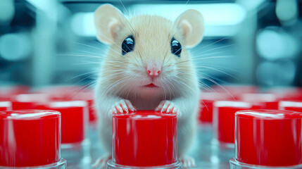 A white lab mouse on a red button in a sterile lab, symbolizing research or testing