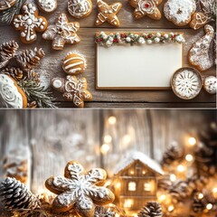 Pictures show Christmas festival.Cards and gingerbread lights in t the picture,.The Christmas cards have beautiful designs greetings,adding a festive glow.They create a cozy Christmas atmosphere.