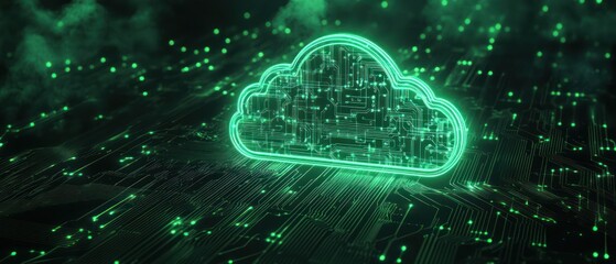 Wall Mural - A glowing green cloud symbol over a circuit board, representing digital data storage.