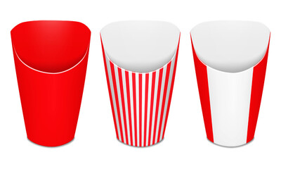 Wall Mural - red and white striped paper french fries holder cup. realistic 3d vector mock-up set. color takeaway